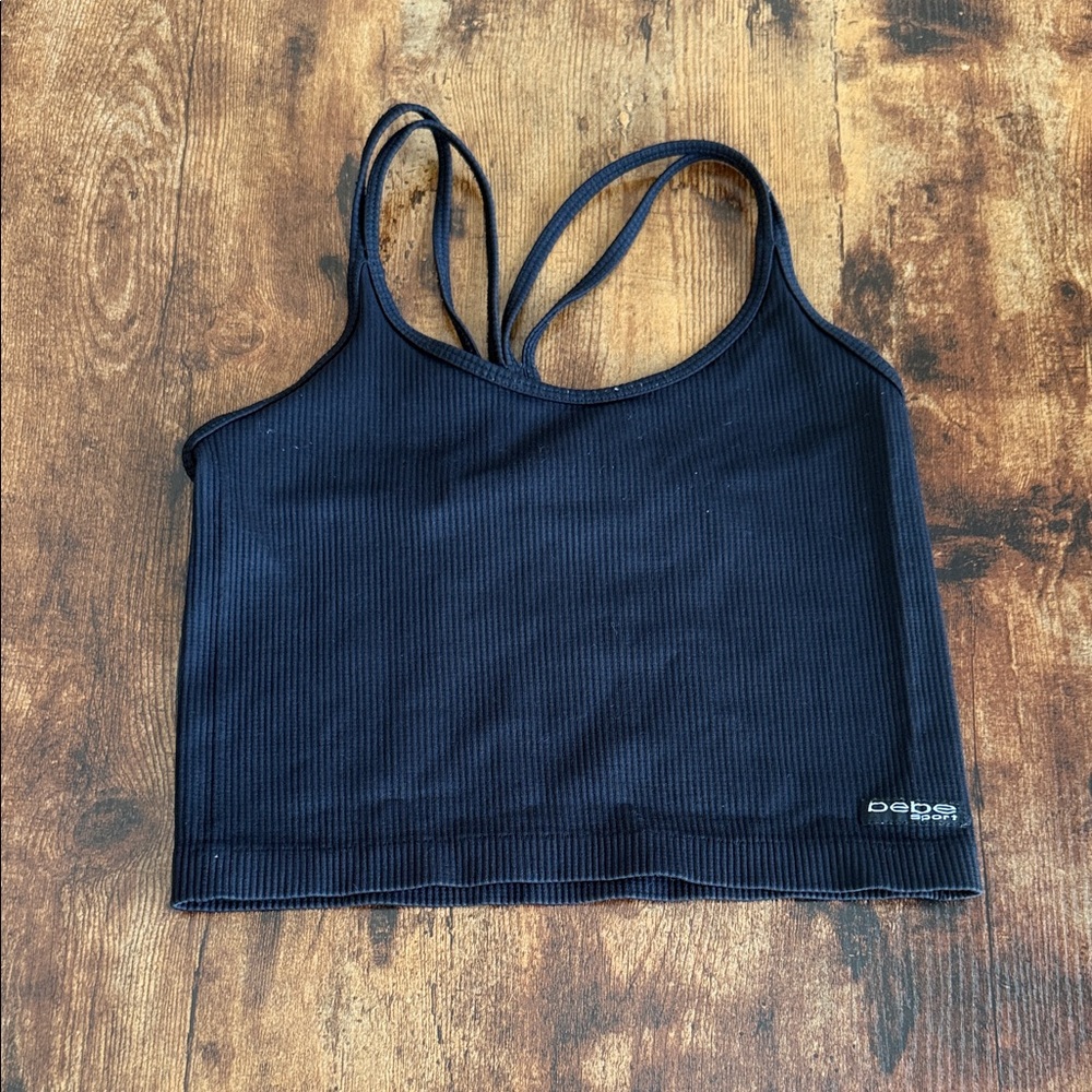 bebe Black Ribbed Double-Strap Cropped Tank